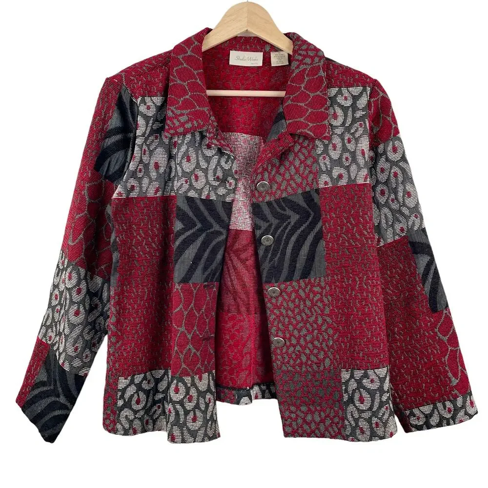 Vintage 90s Patchwork Tapestry Shacket Red Black Abstract Retro - Size MP